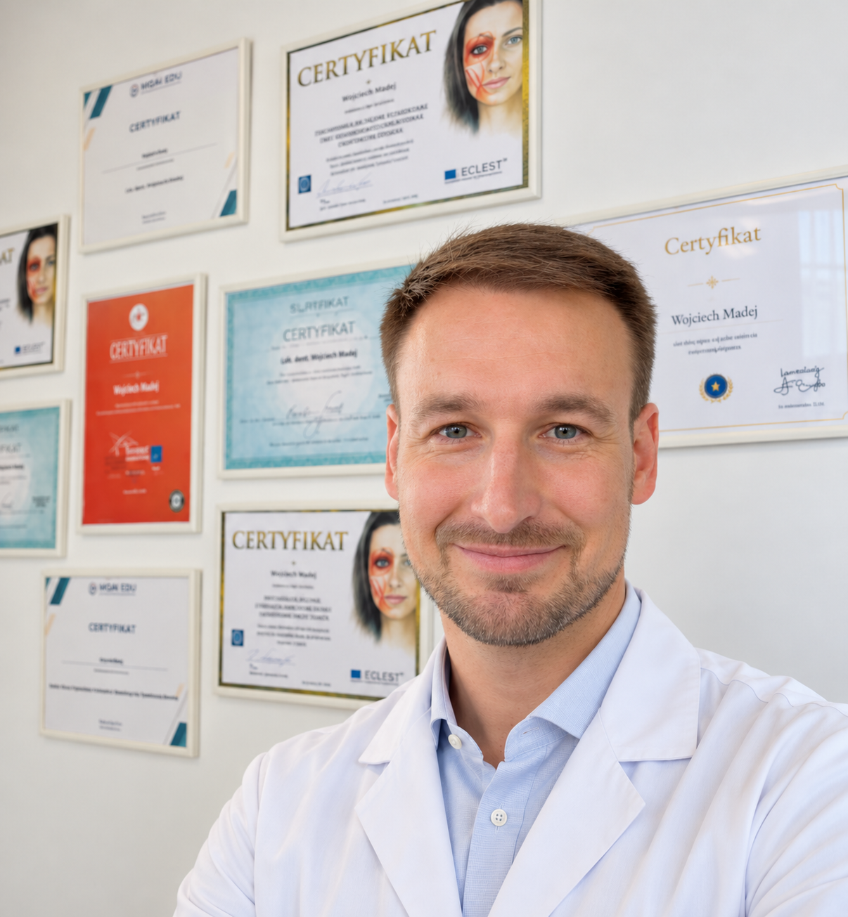 Portret Wojciecha Madeja na tle certyfikatów — kompozycja AI