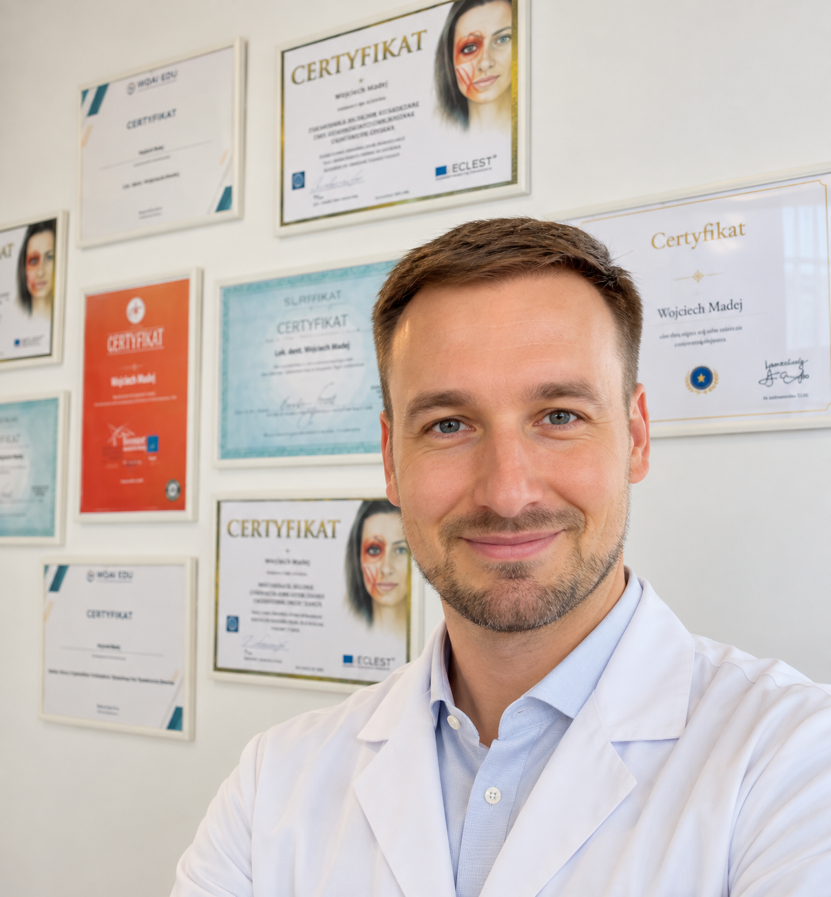Portret Wojciecha Madeja na tle certyfikatów — kompozycja AI